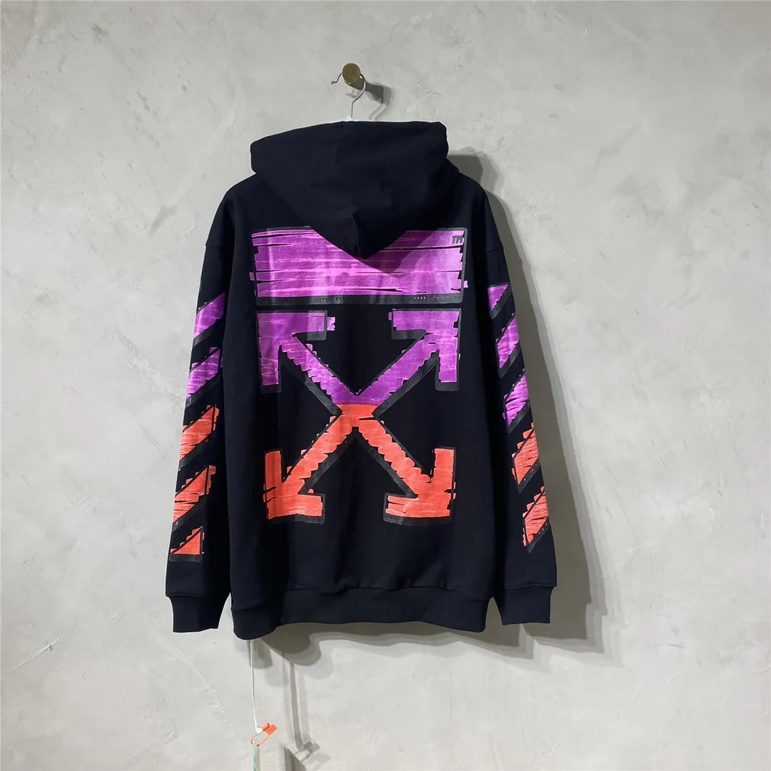 The top tested version OFFWHITE OW marker pen purple orange graffiti arrow same style pure cotton loose pullover round neck zipper jacket sweatshirt for male and female couples The craftsmanship of this model can be said to be very difficult. There is a direct comparison between our home and many versions on the market. You can more clearly distinguish between good and bad just by looking at the prints. This printing uses Kornit's digital direct-injection process. The entire printing effect is like drawing lines with a marker pen. The imitation effect can achieve the same visual effect as the real thing. The main reason is that the color transition of this printing is too small, which makes it impossible to directly copy the pattern when scanning. The image must be manually enlarged more than 40 times, and then adjusted bit by bit to add a soft color (white) effect. The fabric is made of 480g large fish scale pure cotton terry dyed in a vat, which is a big launch and has a full drape. Full set of customized accessories, washed, labeled. Guaranteed to be the top product on the market.  Color: Black Size: XS-L Size Chart